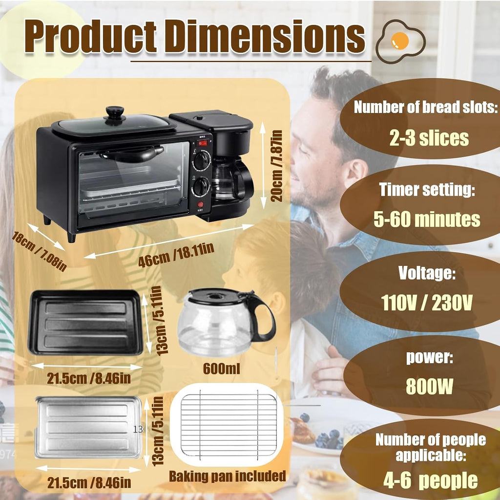 Breakfast Center 4-in-1 with Coffee Maker, Non-stick Skillet, 7L Toaster Oven and Dual Heating Elements, Compact Kitchen Appliance for Apartments and Dorm Living