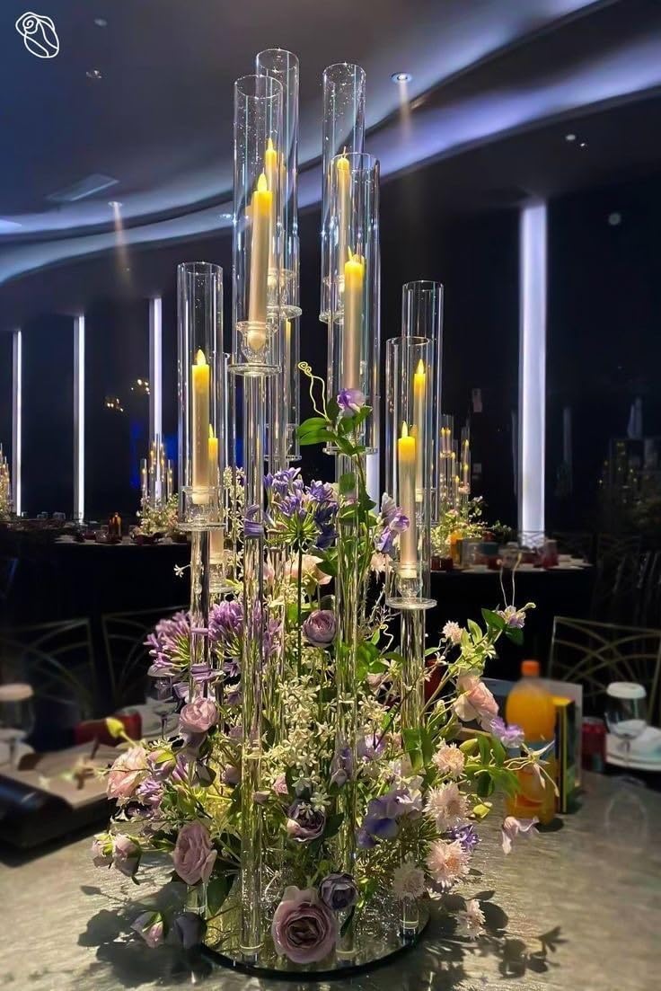 4PCS 8 Arms Clear Candelabra Candle Holder for Wedding Decorations,38.5 inches Tall Arcylic Candlesticks Holder with Shade for Table Dinner Party Valentines Day Fireplace Decoration