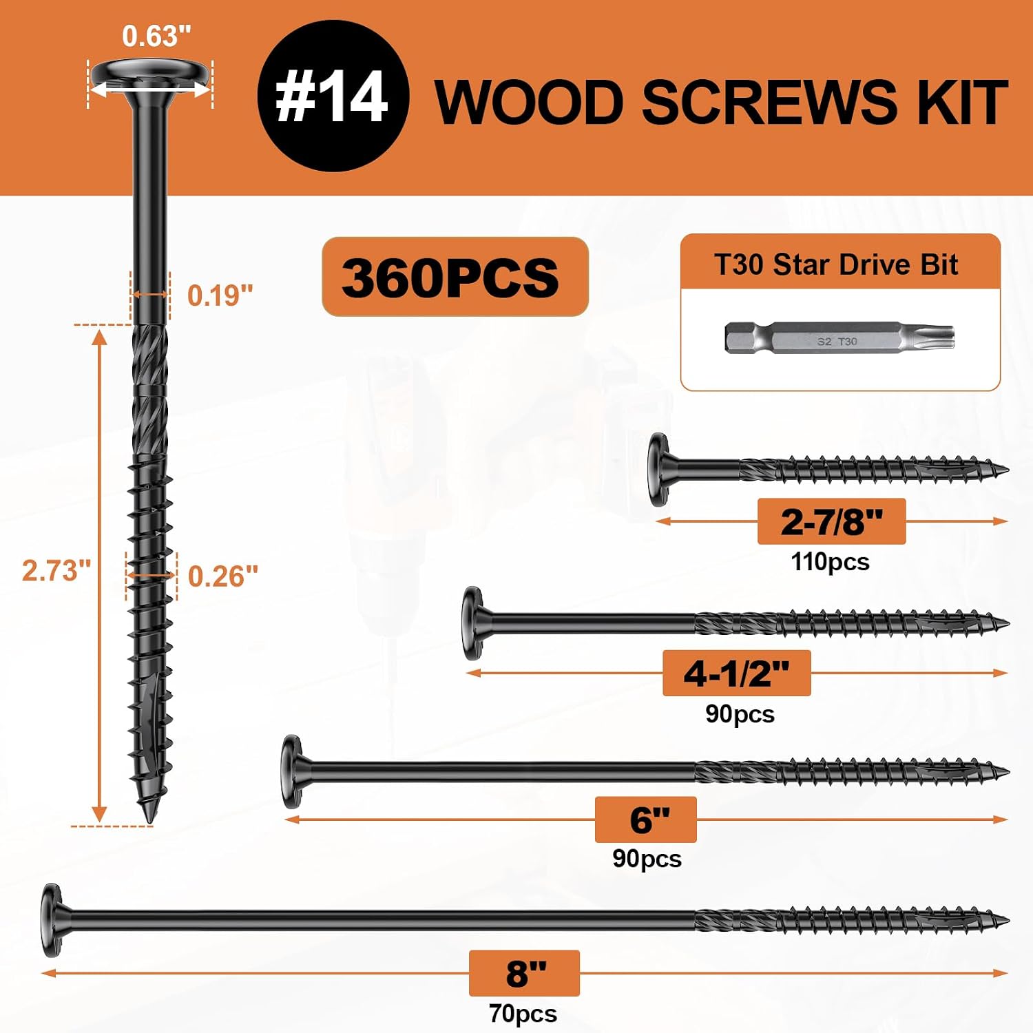 #14 Heavy-Duty Wood Screws Assortment Kit, 360Pcs Star Drive Decking Wood Screws, Rust Resistant Timber Screws for Log/Landscaping Wood (2-7/8',4-1/2',6',8')