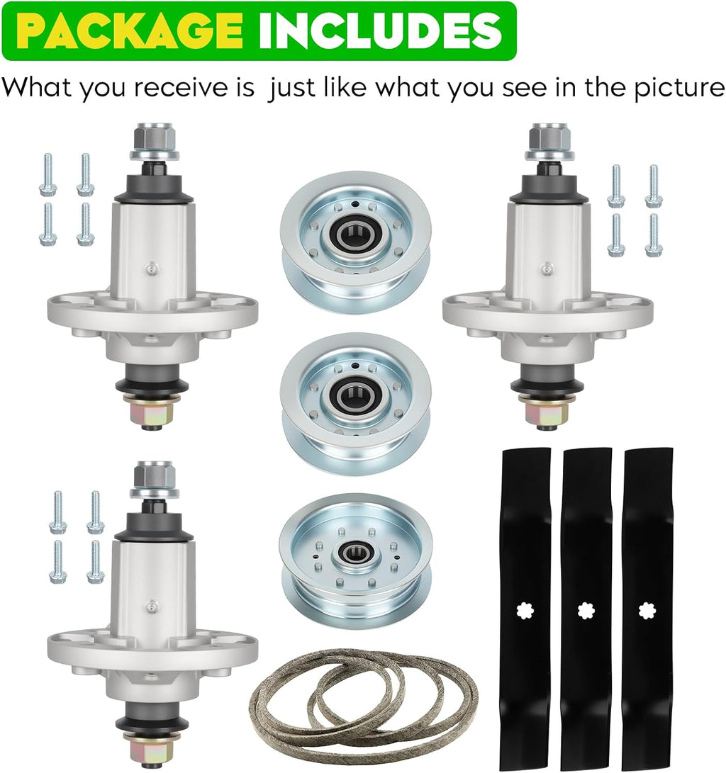 48' Deck Spindle Rebuild Kit for John Deere D140 D155 LA130 LA145, Include 3 Spindles GY20454 GY20867, 3 Blades AM141035, 1 Idler GY20110 GY20629, 2 Idlers GY20067 GY22172, 1 141' Belt GX20571