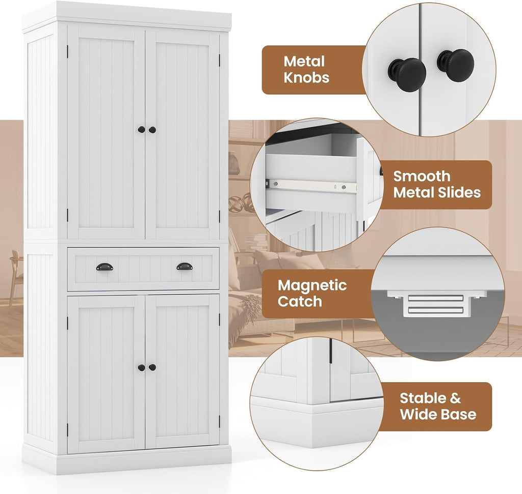 Giantex Pantry Organizers and Storage, 72' Tall Kitchen Cabinet with 2-Door Cabinets & Drawer, Buffet Sideboard w/Adjustable Shelves, Wooden Freestanding Cupboard for Dining Room Living Room (White)