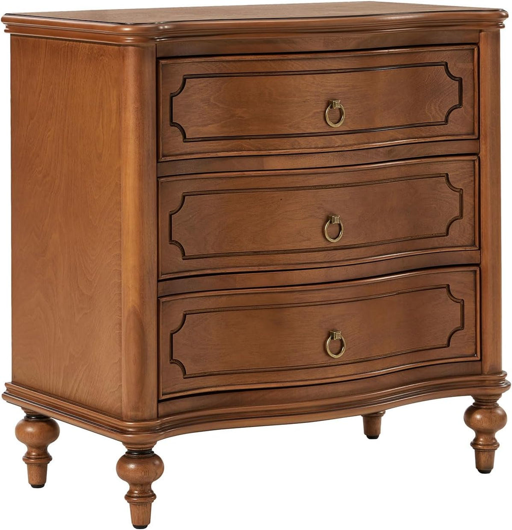 HULALA HOME Traditional Side Table with 3 Drawers, Tall Side Table with Curved Front Profle Desgin, Charging Station, Solid Wood Legs, Walnut