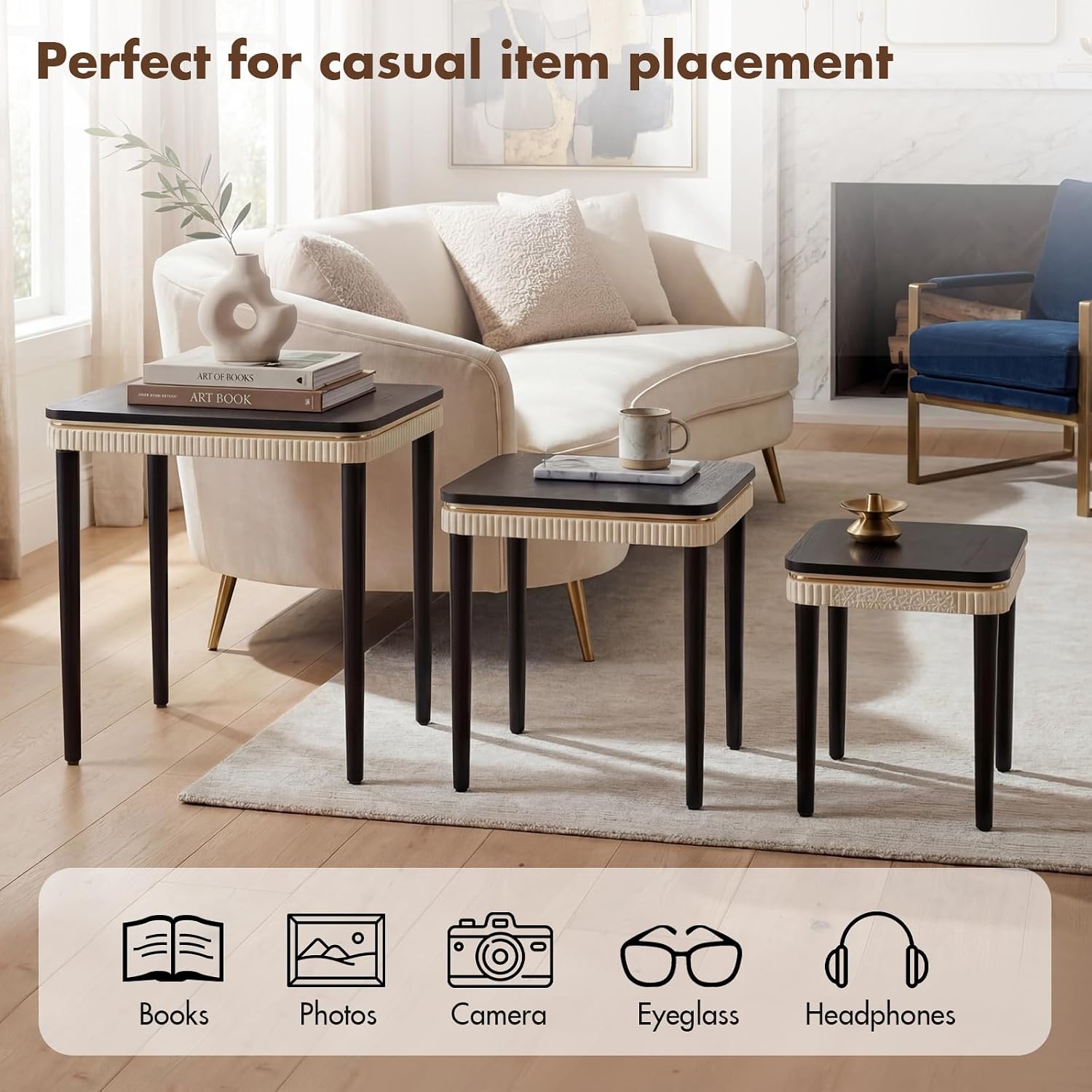 Hyfirm Black Side Table End Table Nesting Tables Set of 3, Retro Nesting Tables with Veneered Top & Gold Trim, Mid Century Modern Nesting Wood Coffee Tables for Living Room/Bedroom/Apartment