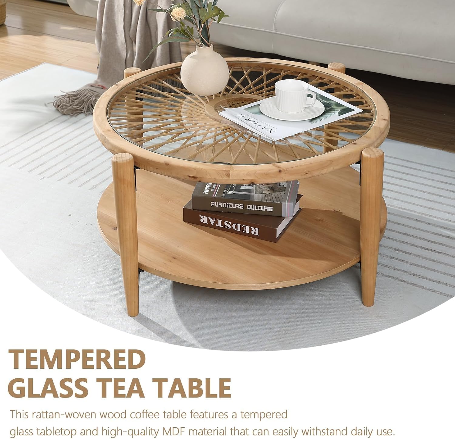 RUSTOWN Rattan Coffee Tables,2-Tier Round Boho Cocktail Tables, Mid Century Modern Coffee Table with Rattan & Tempered Glass Top and Wood Legs, Sofa Table for Living Room(Natural)