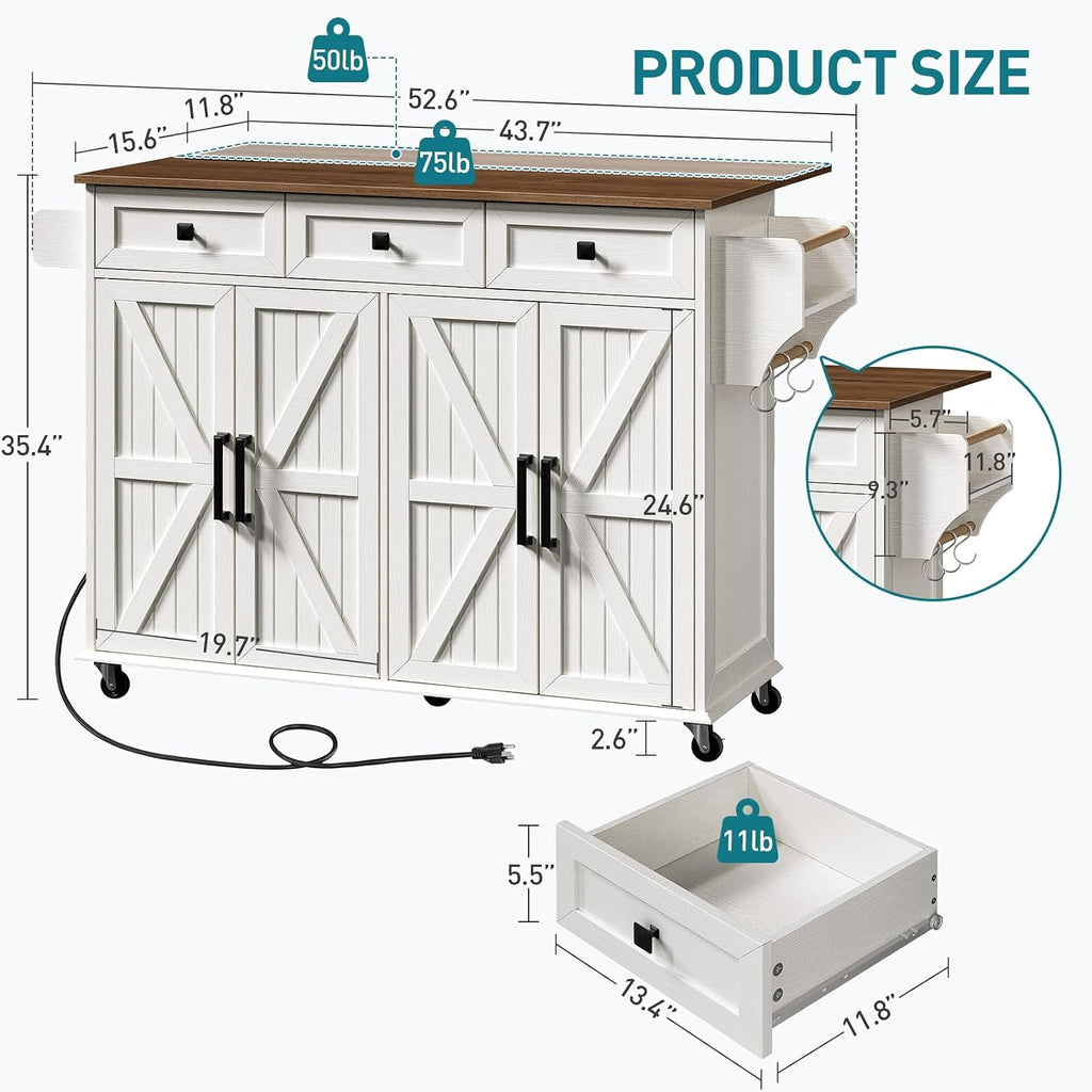 RALGEND Kitchen Island with Drop Leaf & Power Outlet, Rolling Kitchen Island Cart On Wheels, Barn Door Kitchen Island Table with Storage and Tower Rack, Island Table for Kitchen, White and Walnut