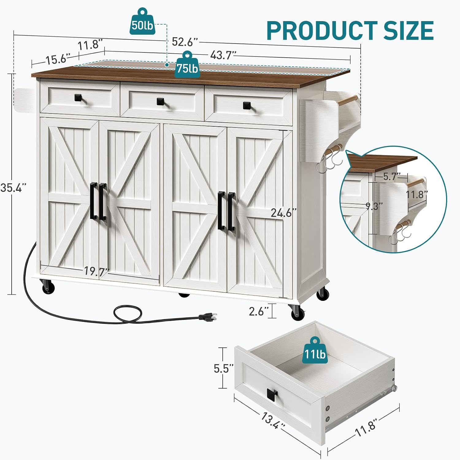 RALGEND Kitchen Island with Drop Leaf & Power Outlet, Rolling Kitchen Island Cart On Wheels, Barn Door Kitchen Island Table with Storage and Tower Rack, Island Table for Kitchen, White and Walnut