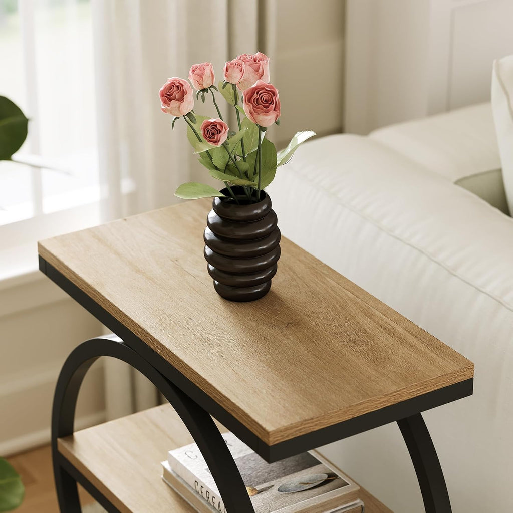 LITTLE TREE End Table Set 2, Side Table with 3-Tier Storage Shelves, Small Sofa Side Table for Living Room, Wooden Side End Table with Double Round Metal Legs, Slim Nightstand and Bedside Table, Oak