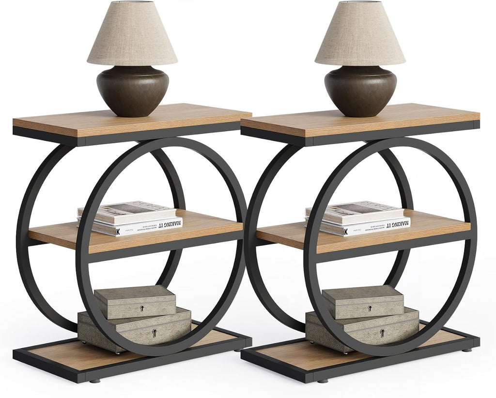 LITTLE TREE End Table Set 2, Side Table with 3-Tier Storage Shelves, Small Sofa Side Table for Living Room, Wooden Side End Table with Double Round Metal Legs, Slim Nightstand and Bedside Table, Oak