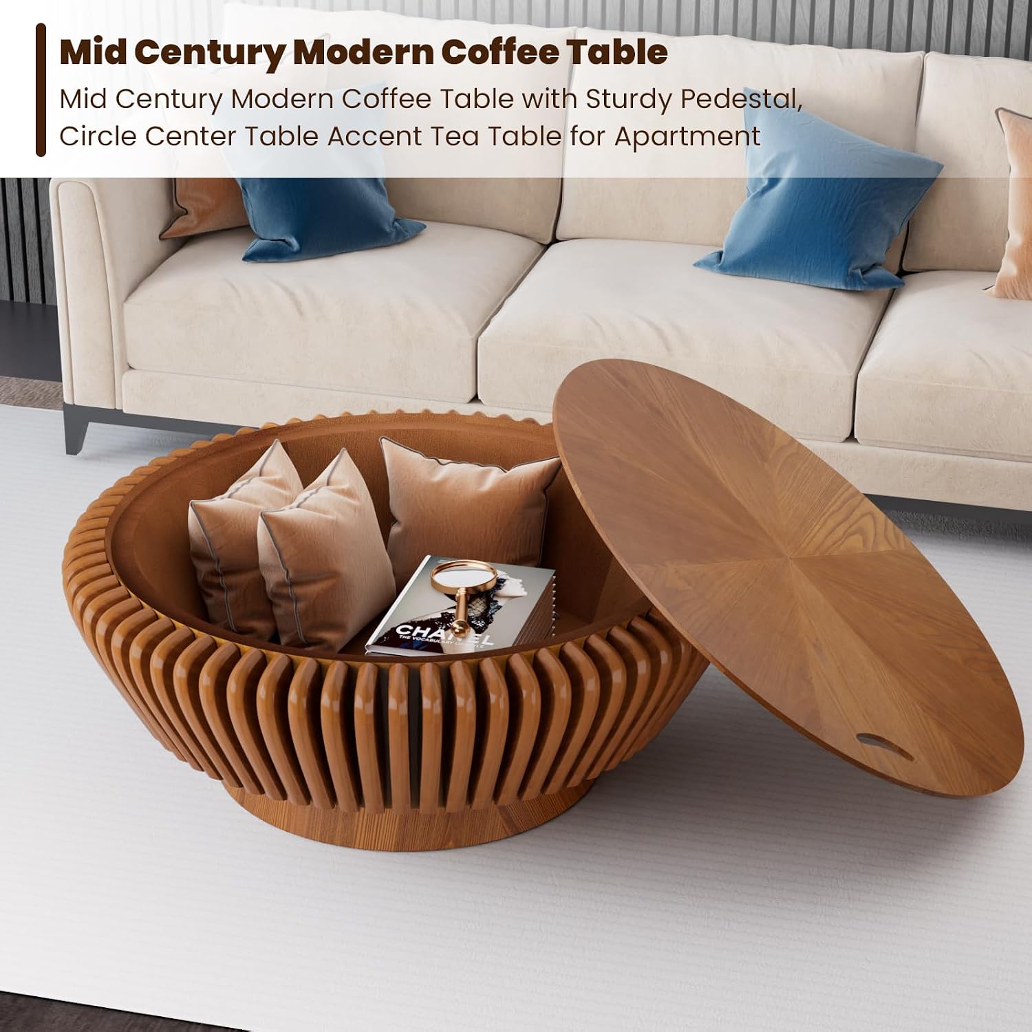 Round Coffee Table with Storage, Mid Century Modern Drum Coffee Table for Living Room, Fluted Circle Center Table with Sturdy Pedestal, Accent Tea Table for Apartment (35.4' Brown with Storage)
