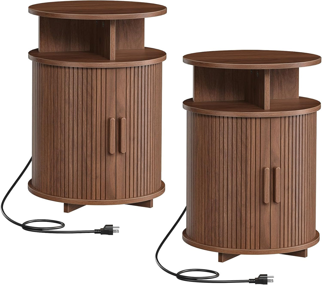 RALGEND Round Fluted End Tables Set of 2, Round End Table with Charging Station, Fluted Sofa Side Table with Sliding Tambour Door and Storage, Mid-Century Nightstand for Living Room, Bedroom, Walnut