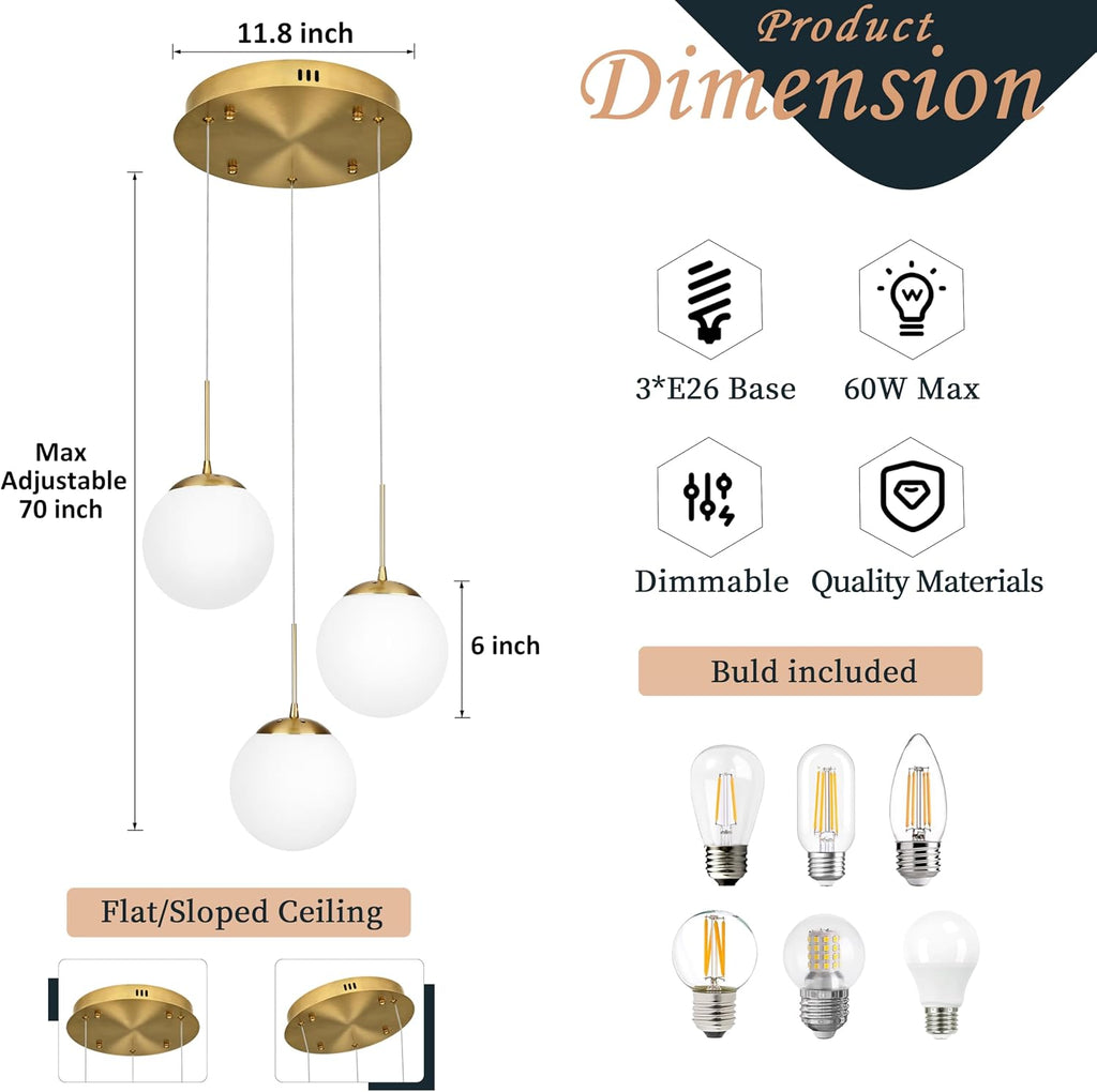 KoKo&Yukina 3 Light Globe Glass Pendant Light & 6 Inch Milk White Glass Globes Shade Frosted Replacement Glass Shades - 2.67' Fitter
