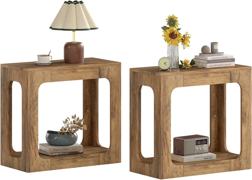 Giantex Narrow End Table Set of 2, 2-Tier Farmhouse Side Table with Open Storage Shelf, Arched Wood Night Stand for Bedroom, Small Accent Furniture for Living Room Small Spaces, Oak