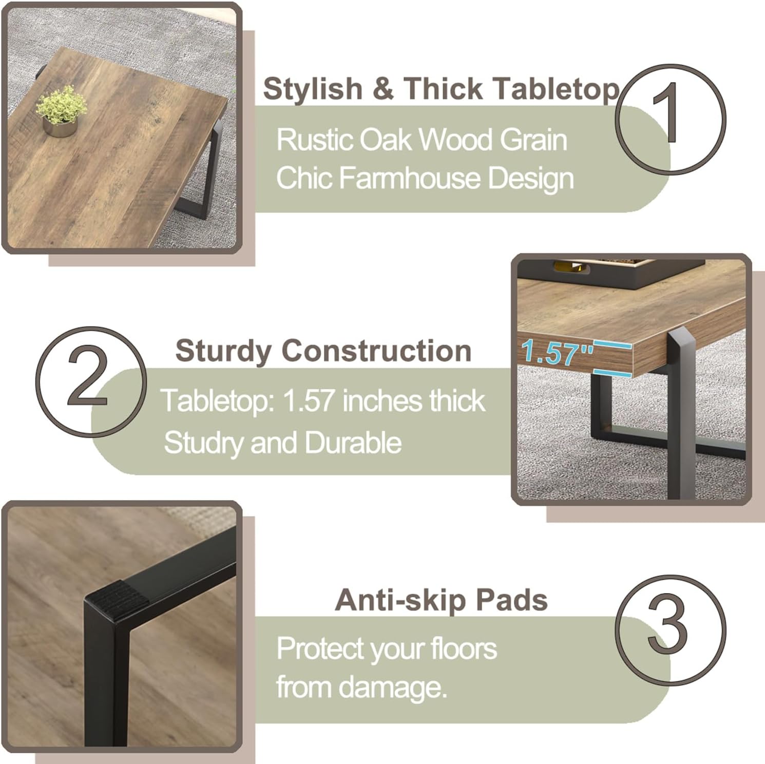 FOLUBAN Coffee Table, Modern Rustic Wood and Metal Center Table, Industrial Cocktail Tea Table for Living Room, Oak, 44 Inch