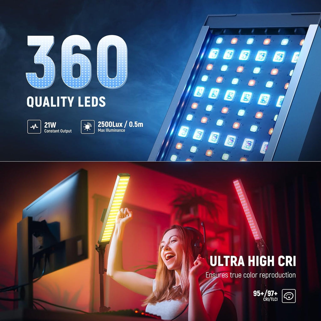 NEEWER Photography RGB Light Stick Kit, 2 Pack LED Video Tube Lights w/Stands, Diffusers, 3250Lux Dimmable Light Wand 2500-10000K CRI95+/TLCI97+ APP/2.4G/Panel Control for Live/Videos/Vlog, BH20C