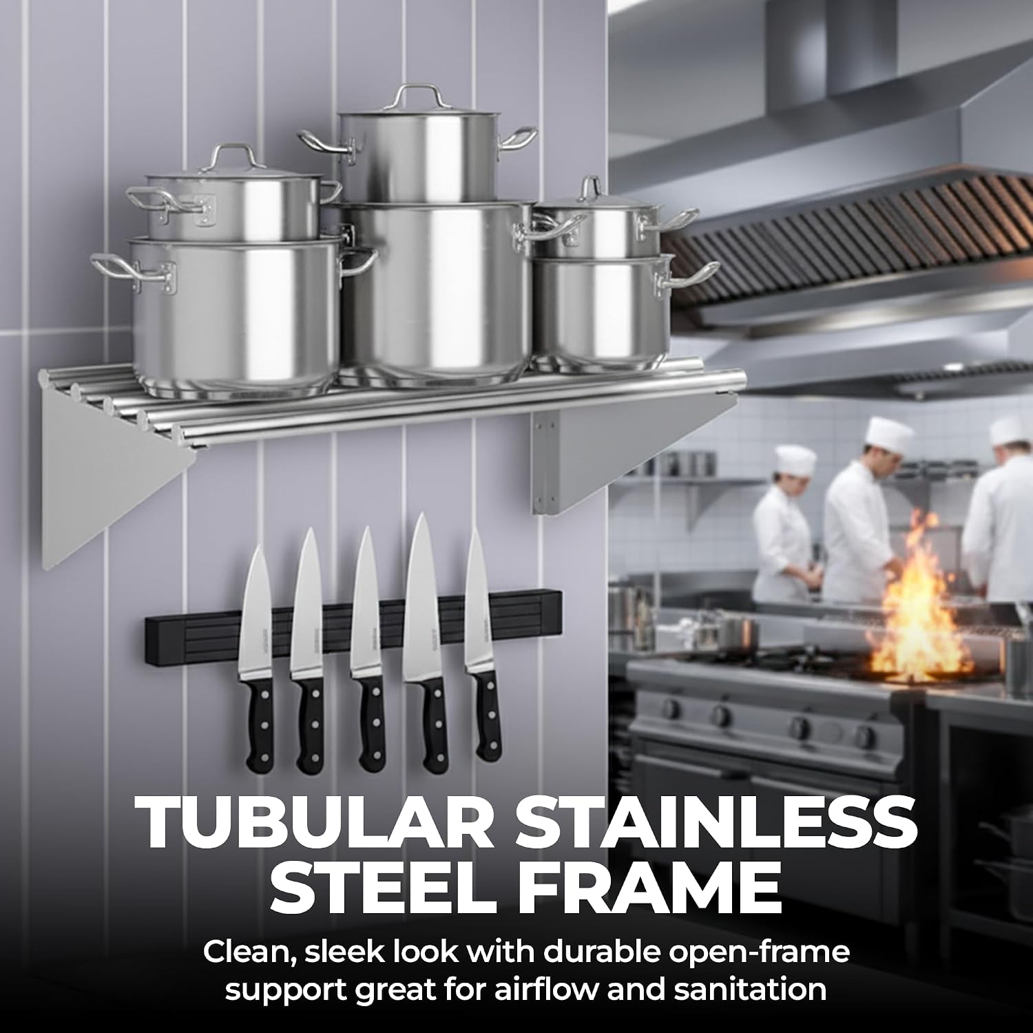 Premium Stainless Steel Tubular Wall Shelf – 48' L x 18' D | NSF Certified | Appliance & Equipment Shelf for Restaurant, Kitchen, Utility Room, Garage