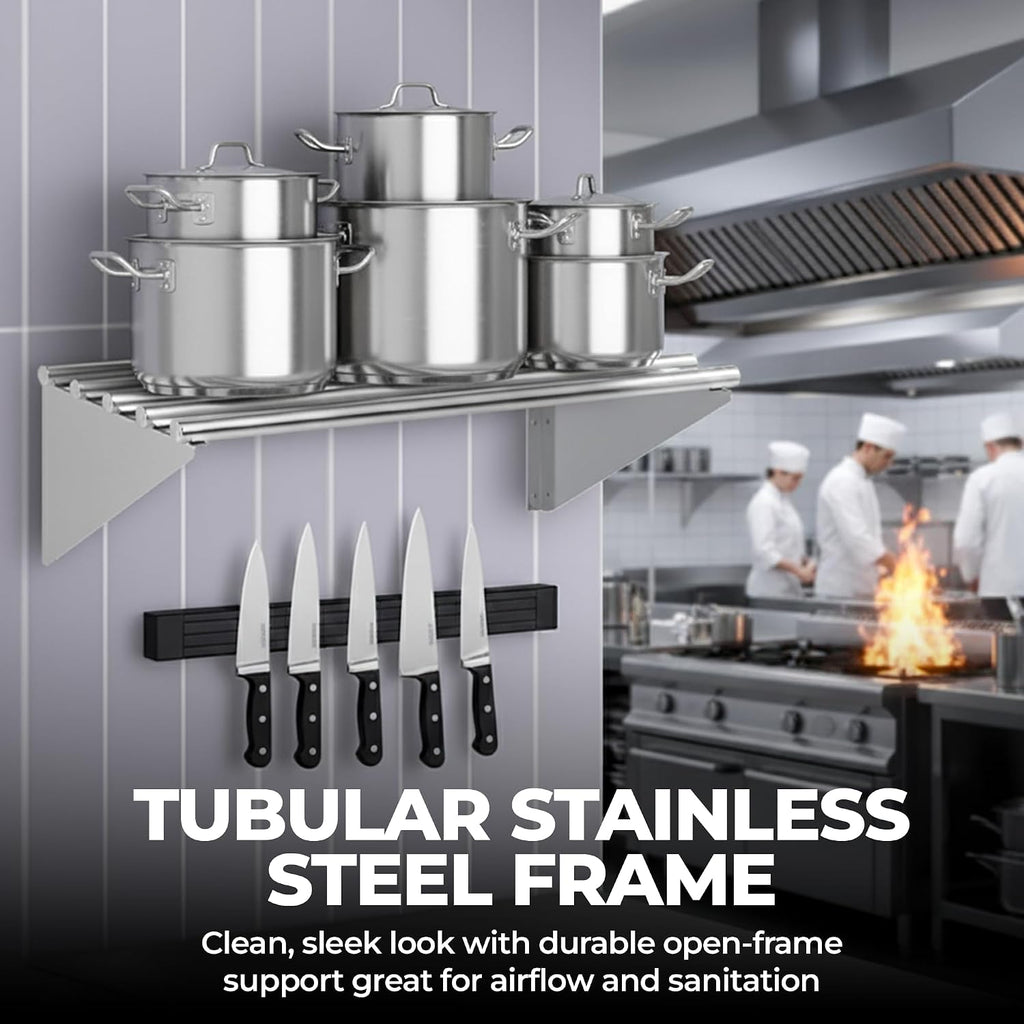 Premium Stainless Steel Tubular Wall Shelf – 14' D x 60' L | NSF Certified | Commercial Equipment & Appliance Shelf for Kitchen, Garage, Utility Room