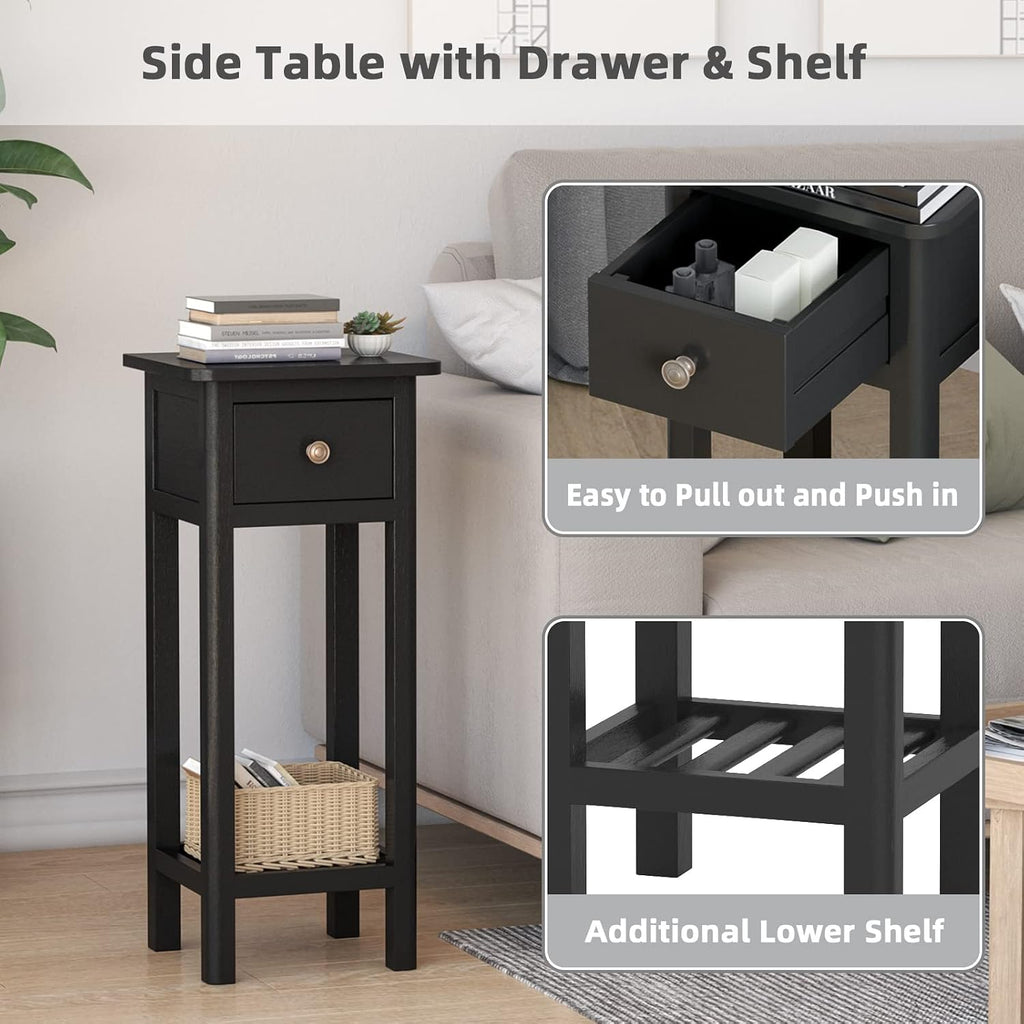 Giantex Tall End Table Set of 2, Narrow Side Table with Drawer and Shelf, Acacia Wood Nightstand for Living Room, 2-Tier Bedside Table for Small Space, No Assembly, Black