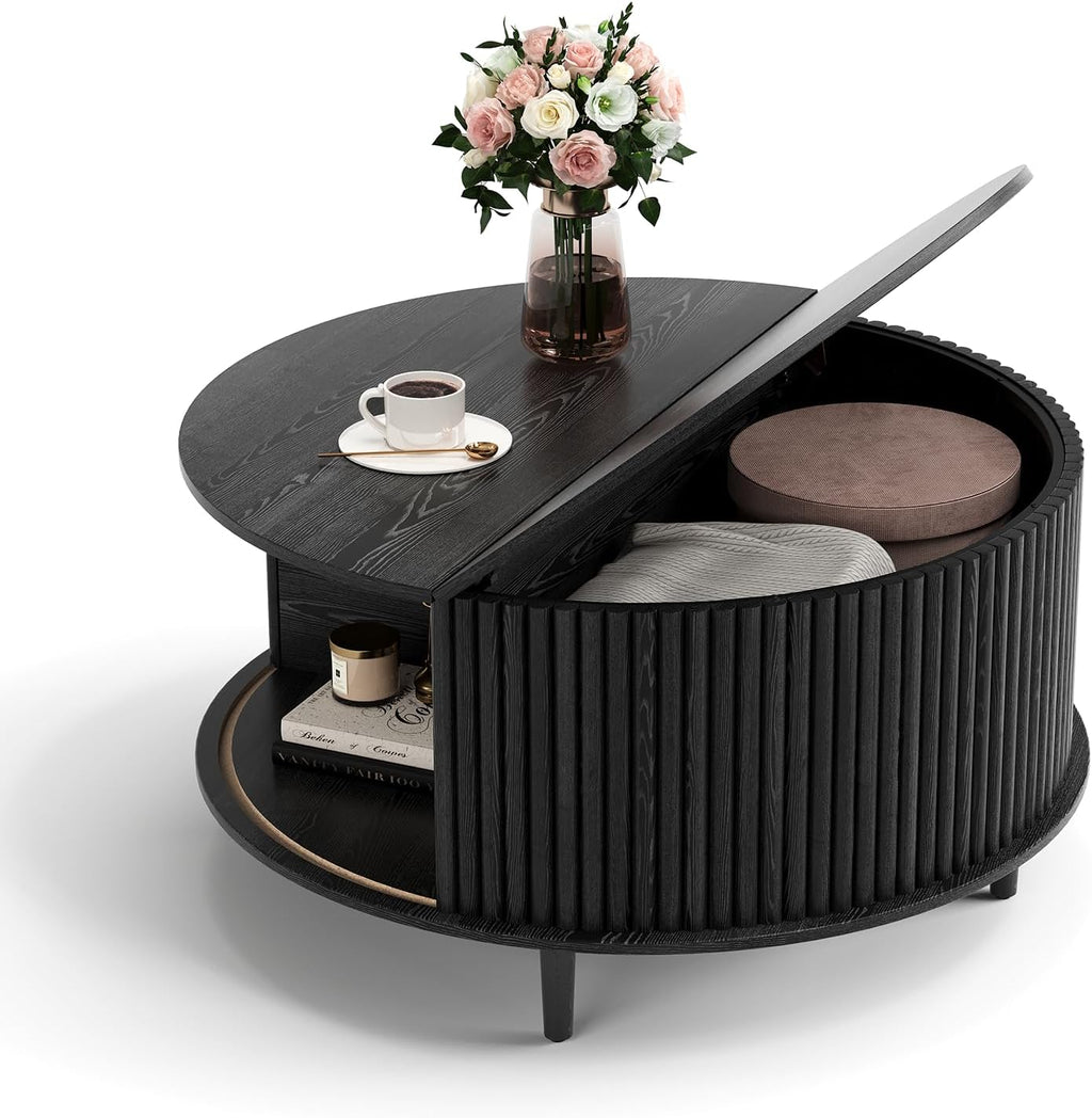 Round Coffee Table with Storage, 31.5' Modern Coffee Table with Sliding Door & Solid Wood Legs, Minimalist Fluted Center Table for Living Room, Home Small Space, Black