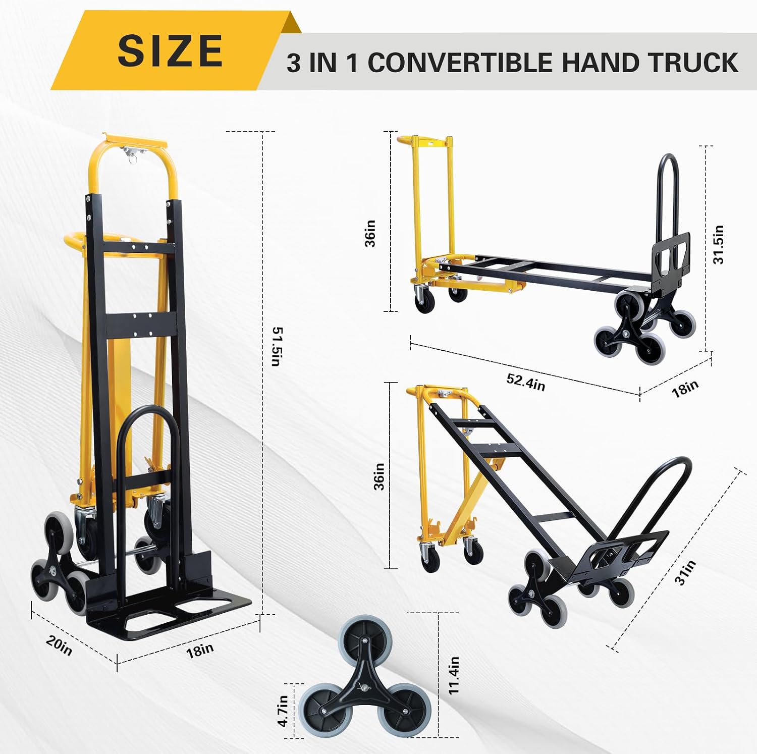 1000 LBS Industrial Convertible Hand Truck,3 in 1 Stair Climbing Dolly Cart,Stair Dolly Climber Heavy Duty with Solid Wheels for Moving,Transport in Warehouse,Office(Yellow)