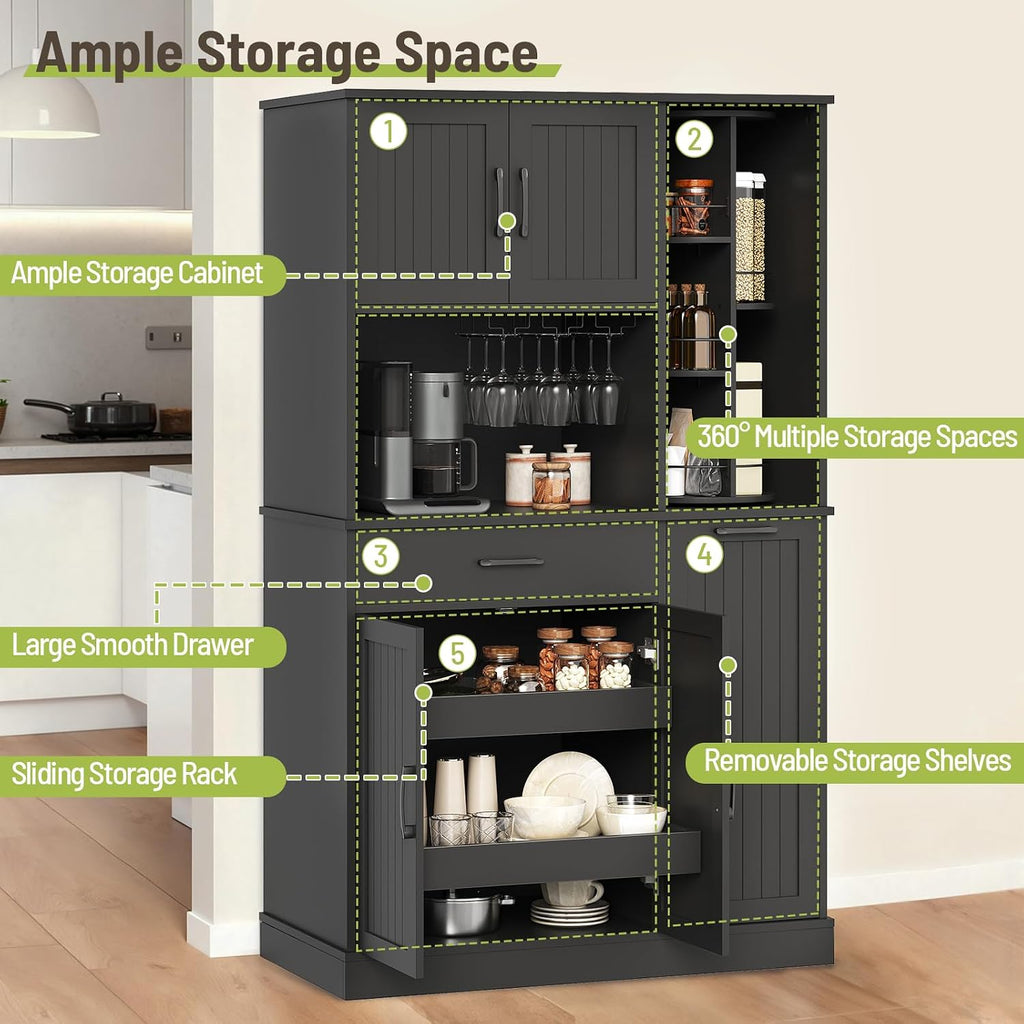 Pantry Cabinet, 67.7' Tall Kitchen Pantry Storage Cabinet with 360° Rotating Shelf & 2 Pull-Out Racks, Freestanding Kitchen Hutch with Charging Station & Drawer, for Dining Room, Black