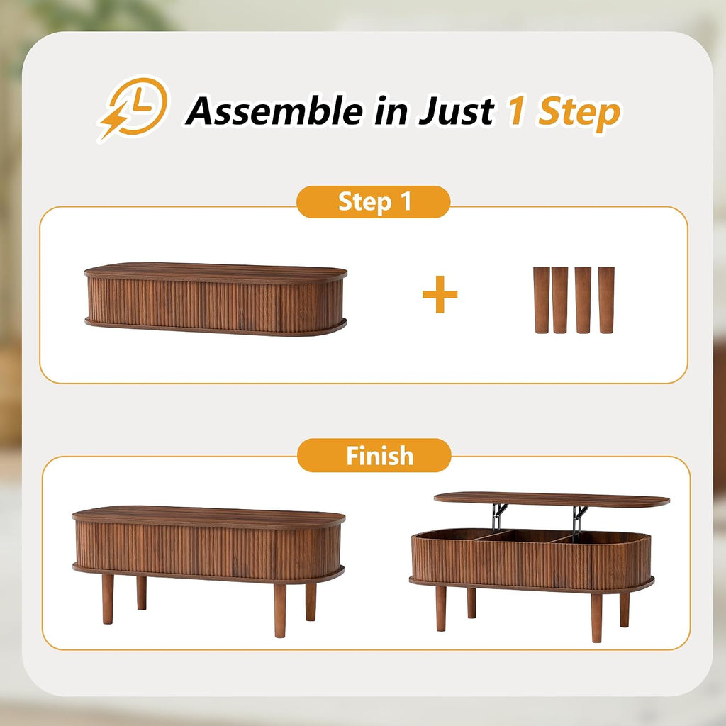 Fully Assembled Fluted Lift Top Coffee Table with Hidden Compartment, Wooden Center Table, Modern Oval Lift Tabletop for Home Living Room Office, Walnut