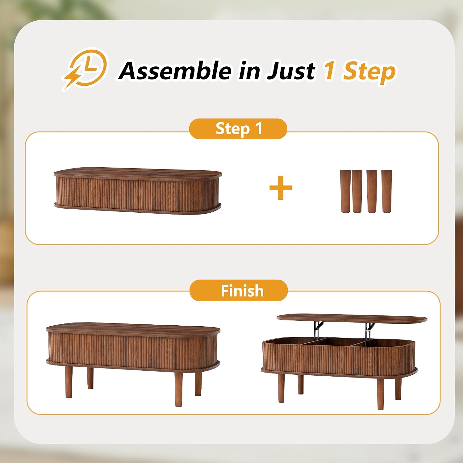 Fully Assembled Fluted Lift Top Coffee Table with Hidden Compartment, Wooden Center Table, Modern Oval Lift Tabletop for Home Living Room Office, Walnut