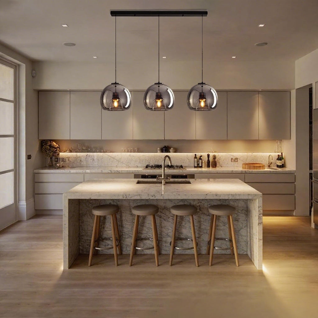 MIXL-Modern Globe Pendant Light 3-Lights Hanging Light with Smoke Gray Glass Lampshade, Height Adjustable Dining Room Lighting, Glass Pendant Lamp, Farmhouse Hanging Lamp for Kitchen Island
