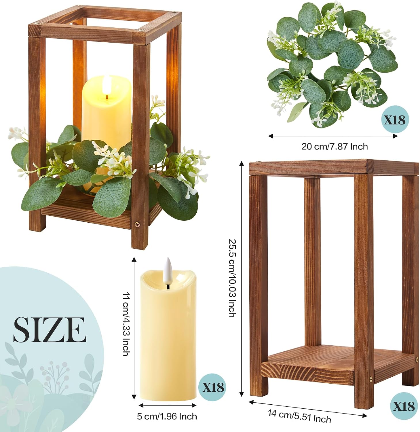 54 Pcs/18 Set Wooden Wedding Lantern Centerpiece, Wooden Centerpieces for Tables-with 18 Holders 18 Candles 18 Wreaths for Rustic Table Decoration Country Barn Wedding Party (Brown)