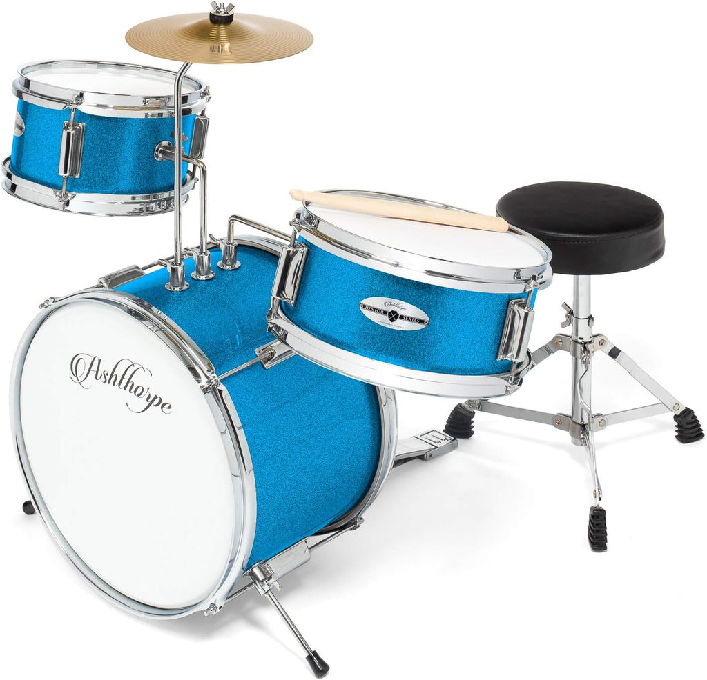 Ashthorpe 3-Piece Complete Kids Drum Set - Beginner Kit with 14' Bass, Adjustable Throne, Cymbal, Pedal & Drumsticks - Blue