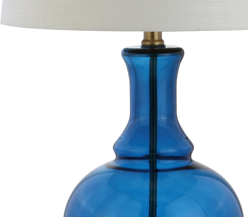 JONATHAN Y 25' Cobalt Blue/Brass Gold and Brass Gold Glass Table Lamp Set of 2 for Bedroom, Modern Bedside Lamp for Living Room Nightstand, White Linen Drum Shade, LED Bulb Included (JYL1068C-SET2)