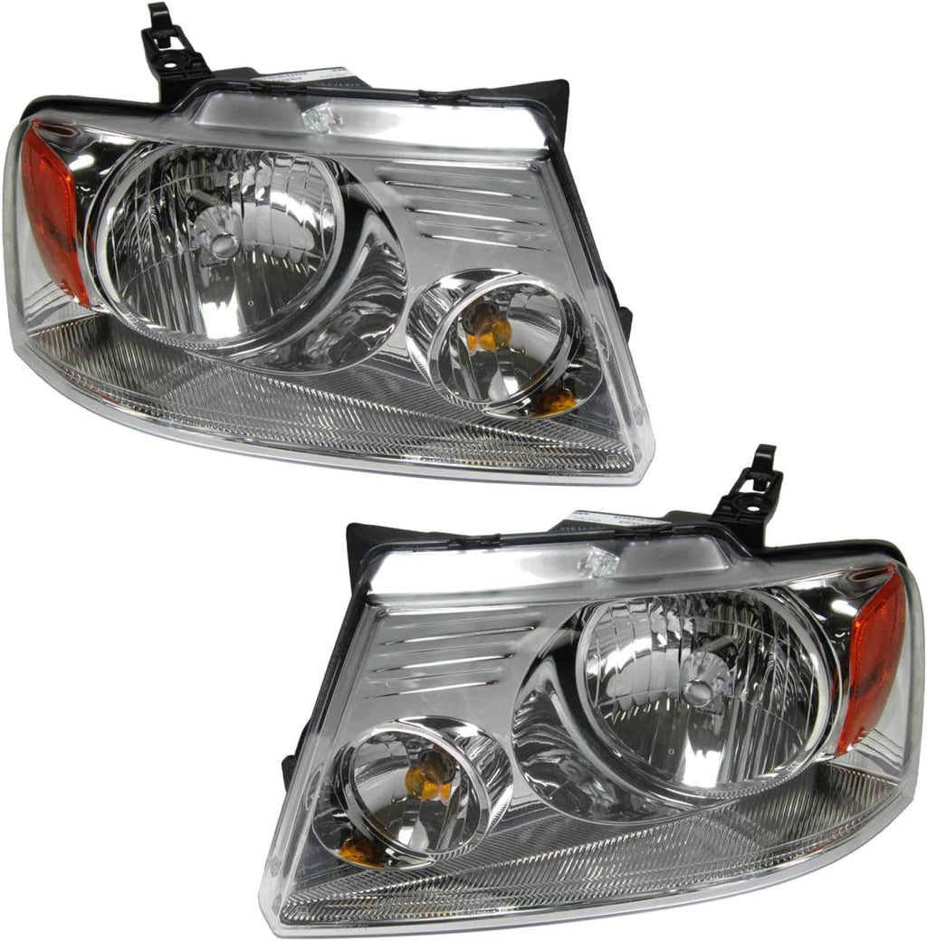 TRQ 2 Piece Headlight Assembly Set Chrome Bezel Driver & Passenger Side Compatible with Ford F150 2004-2008 Lincoln Mark LT 2006 FO2502201 FO2503201 7L3Z13008FA 7L3Z13008GA