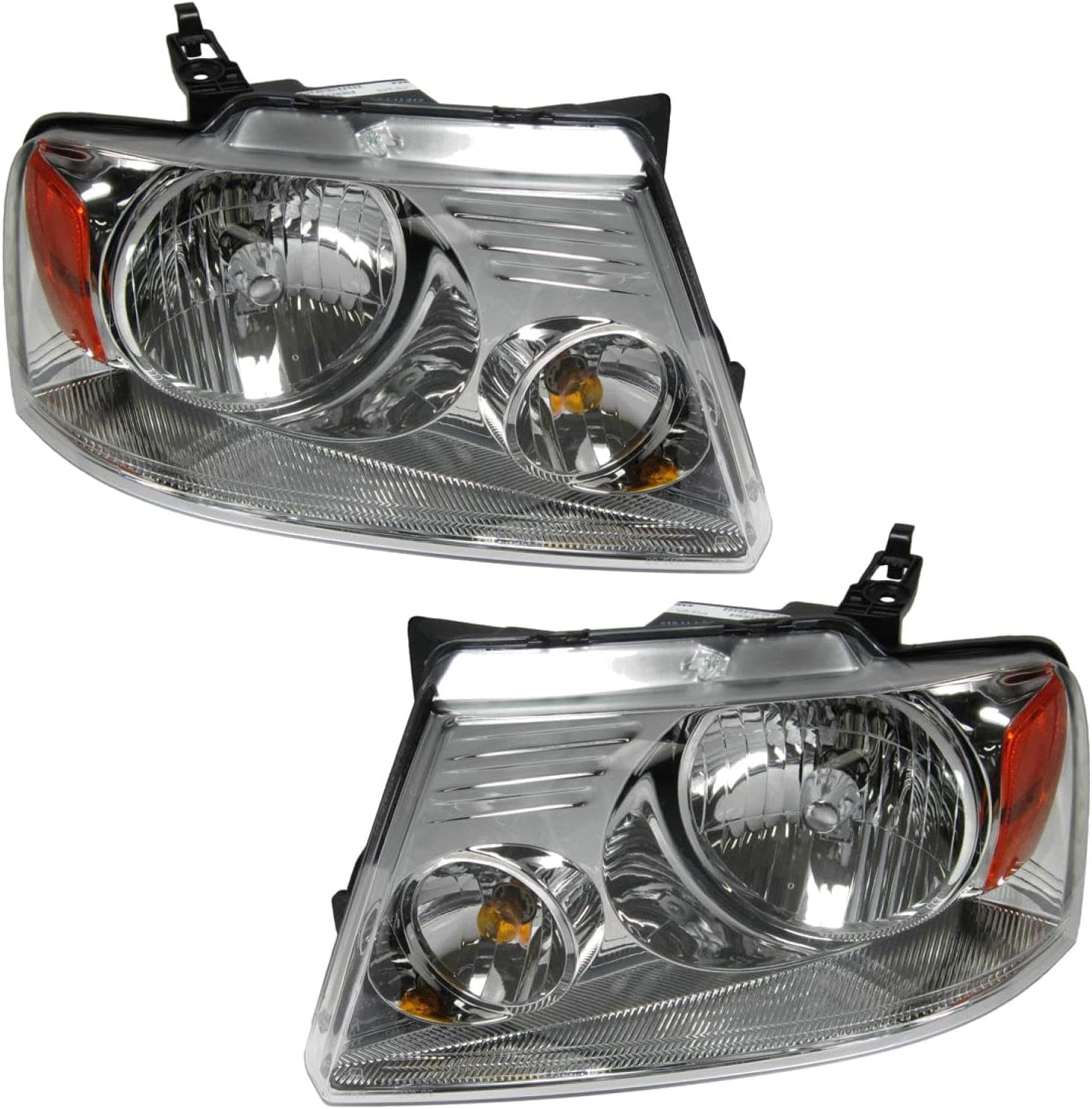 TRQ 2 Piece Headlight Assembly Set Chrome Bezel Driver & Passenger Side Compatible with Ford F150 2004-2008 Lincoln Mark LT 2006 FO2502201 FO2503201 7L3Z13008FA 7L3Z13008GA