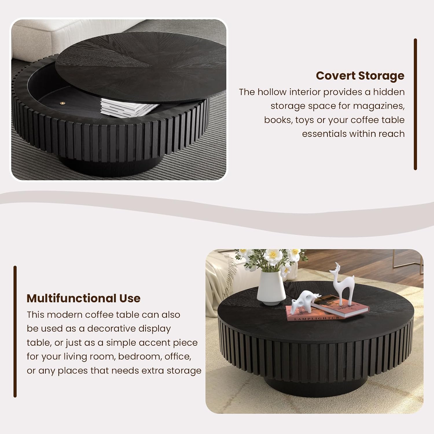 Round Drum Coffee Table with Storage, 31.5' Modern Handcraft Fluted Drum Coffee Table, Wooden Circle Center Table with Sturdy Pedestal for Living Room Apartment (31.5' Black with Storage)
