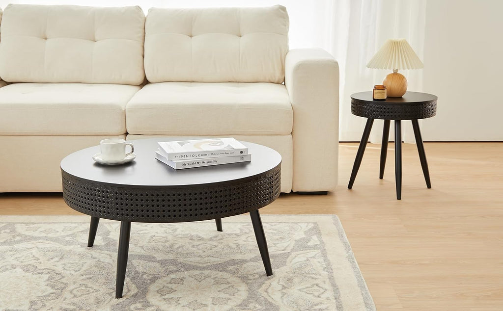 Bifins Black Round Nesting Coffee Table with Hidden Storage Set of 2, Modern Circle Coffee and End Table Set for Living Room Balcony (Black Set of 2)