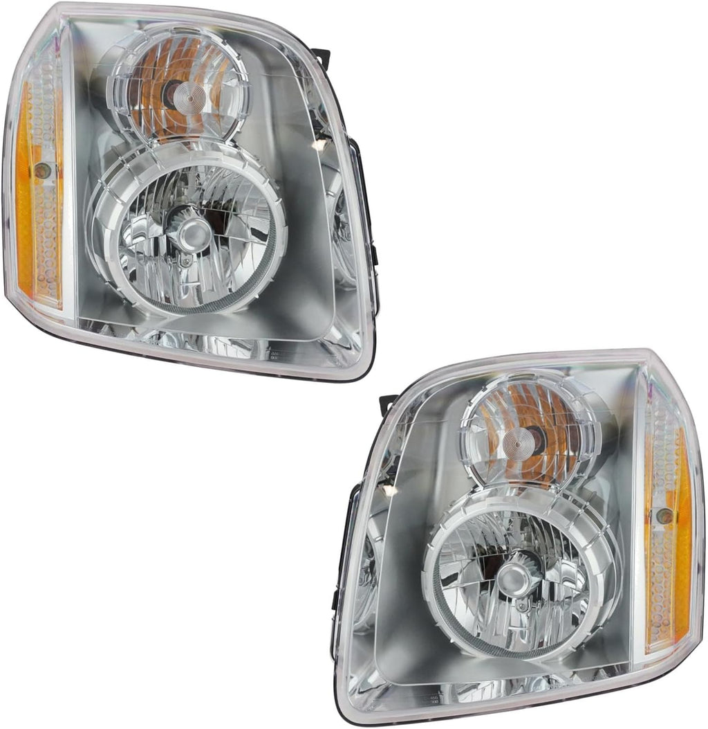 TRQ 2 Piece Headlight Assembly Set Chrome Bezel Driver & Passenger Side Compatible with Yukon Denali Yukon 2007-2014 Denali XL 1500 2007-2014 Yukon Denali Hybrid 2010-2013 GM2502318 GM2503318