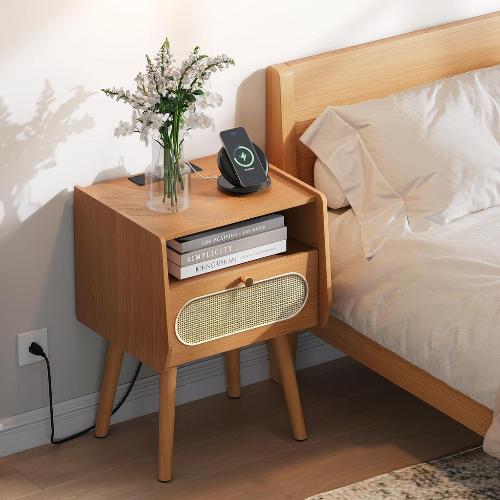 JOINICE End Tables Living Room Set of 2, Mid Century Modern Nightstands with Charging Station, Boho Rattan Bedside Tables with Drawer Storage & Solid Wood Legs, Night Stand Set 2 for Bedroom, Cherry