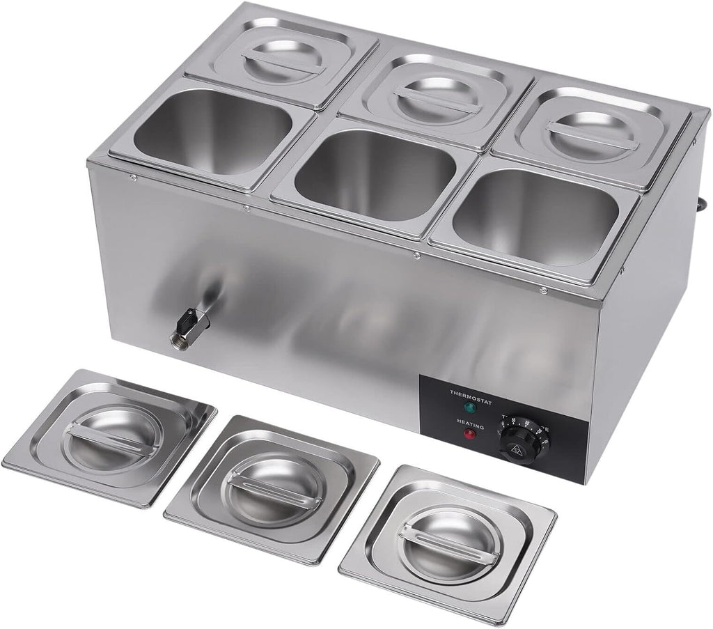 Countertop Steam Table Food Warmer Stainless Steel Commercial Buffet Warmer 6-Pan 600W Portable Electric Food Warmer Steam Table 19.2Qt(18L) for Restaurants, Catering, Buffets