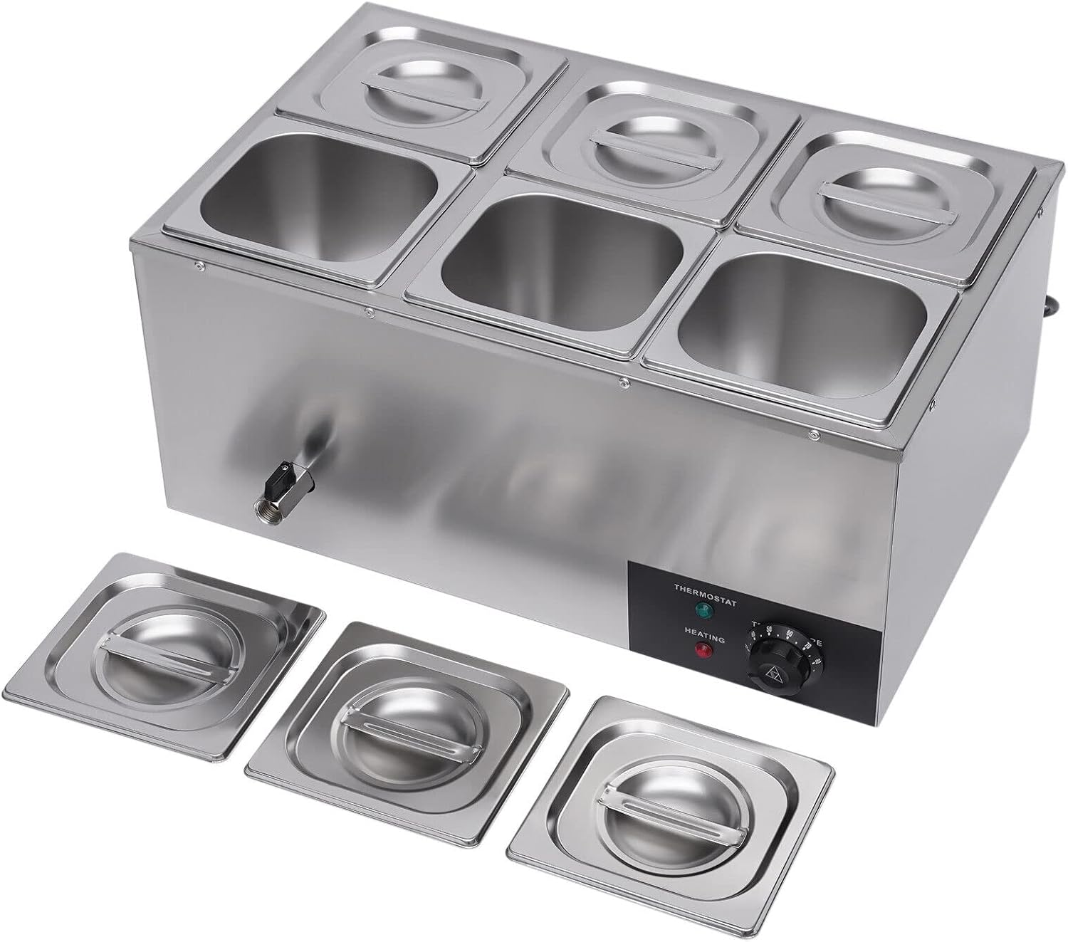 Countertop Steam Table Food Warmer Stainless Steel Commercial Buffet Warmer 6-Pan 600W Portable Electric Food Warmer Steam Table 19.2Qt(18L) for Restaurants, Catering, Buffets