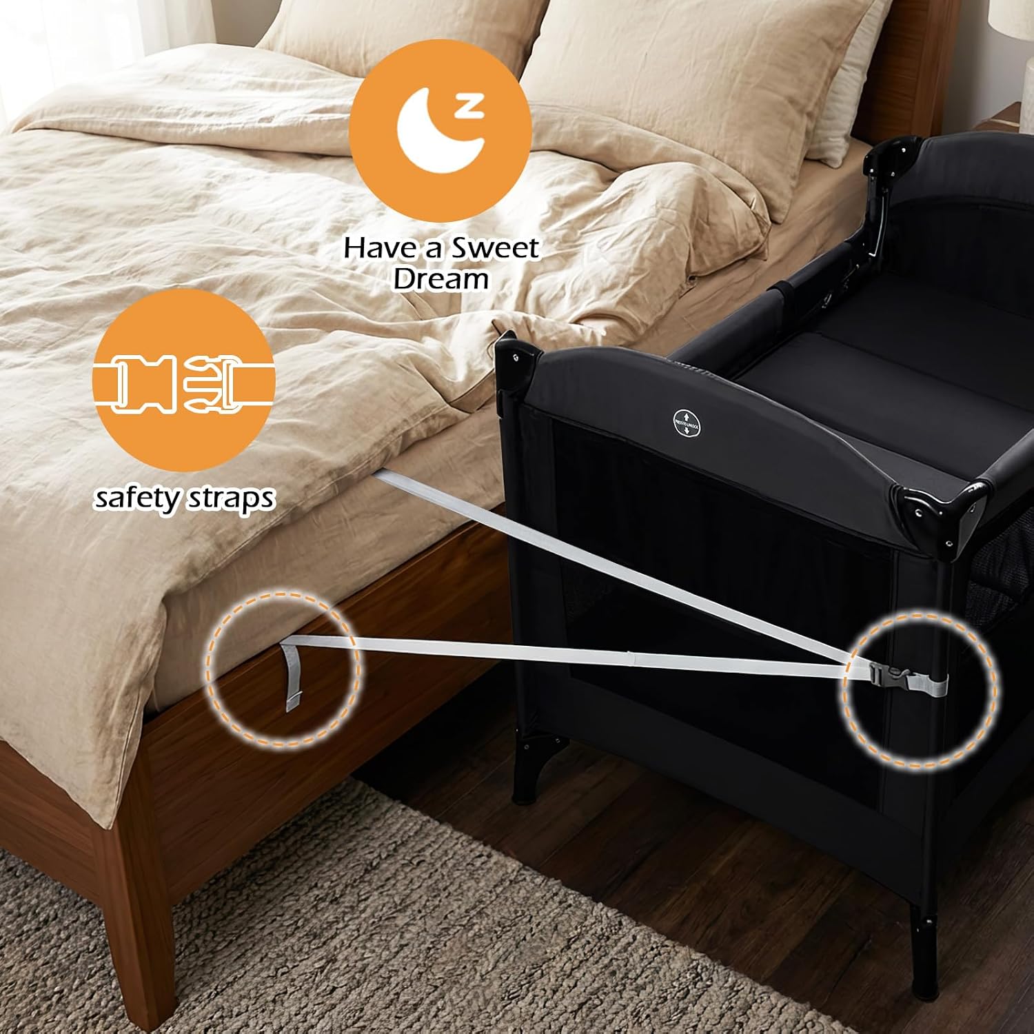 INFANS 4 in 1 Baby Bassinet, Converts Pack and Play to Portable Bedside Crib Sleeper with Diaper Changer, Mattress, Carry Bag, Music Box, Hanging Toys for Infants Toddlers (Black)