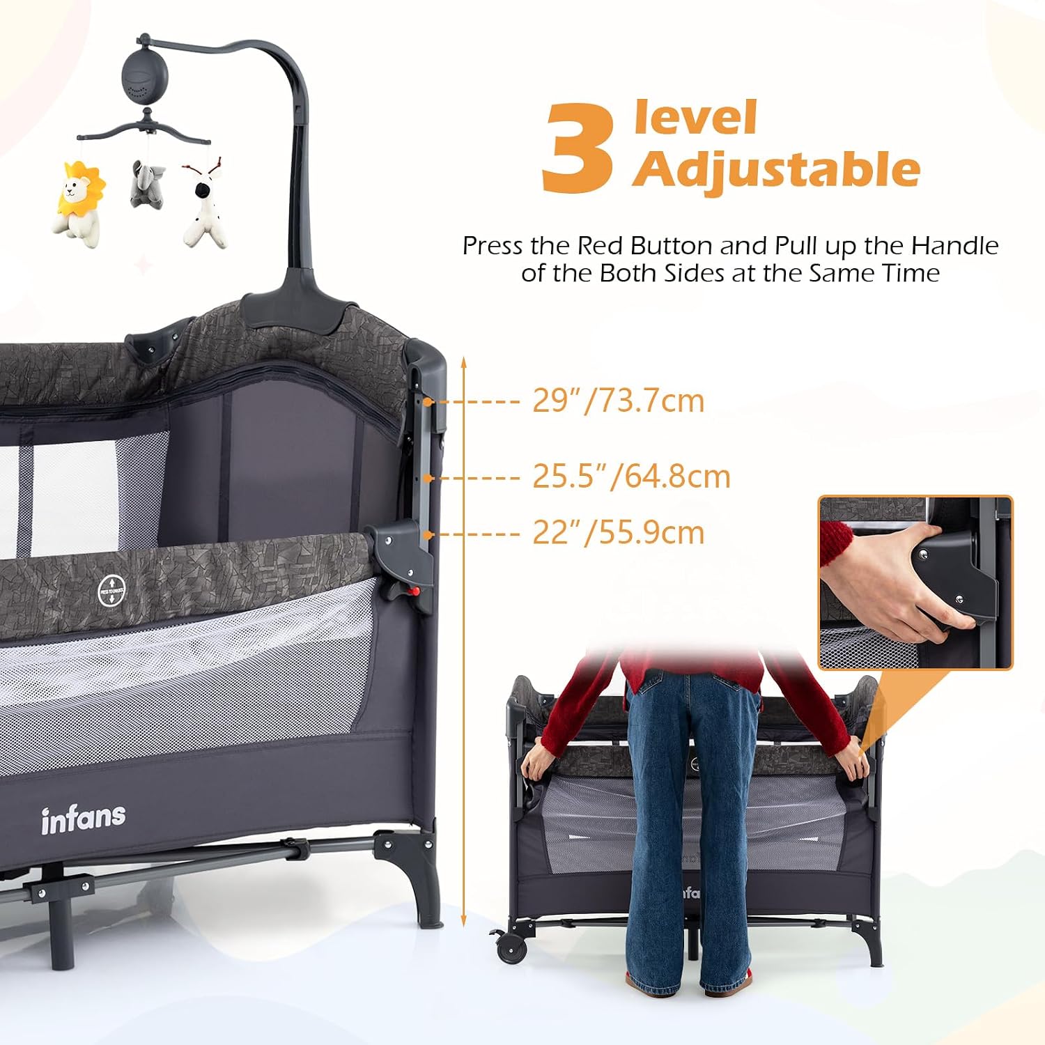 INFANS 4 in 1 Baby Bassinet, Converts Pack and Play to Portable Bedside Crib Sleeper with Diaper Changer, Mattress, Carry Bag, Music Box, Hanging Toys for Infants Toddlers(Grey)