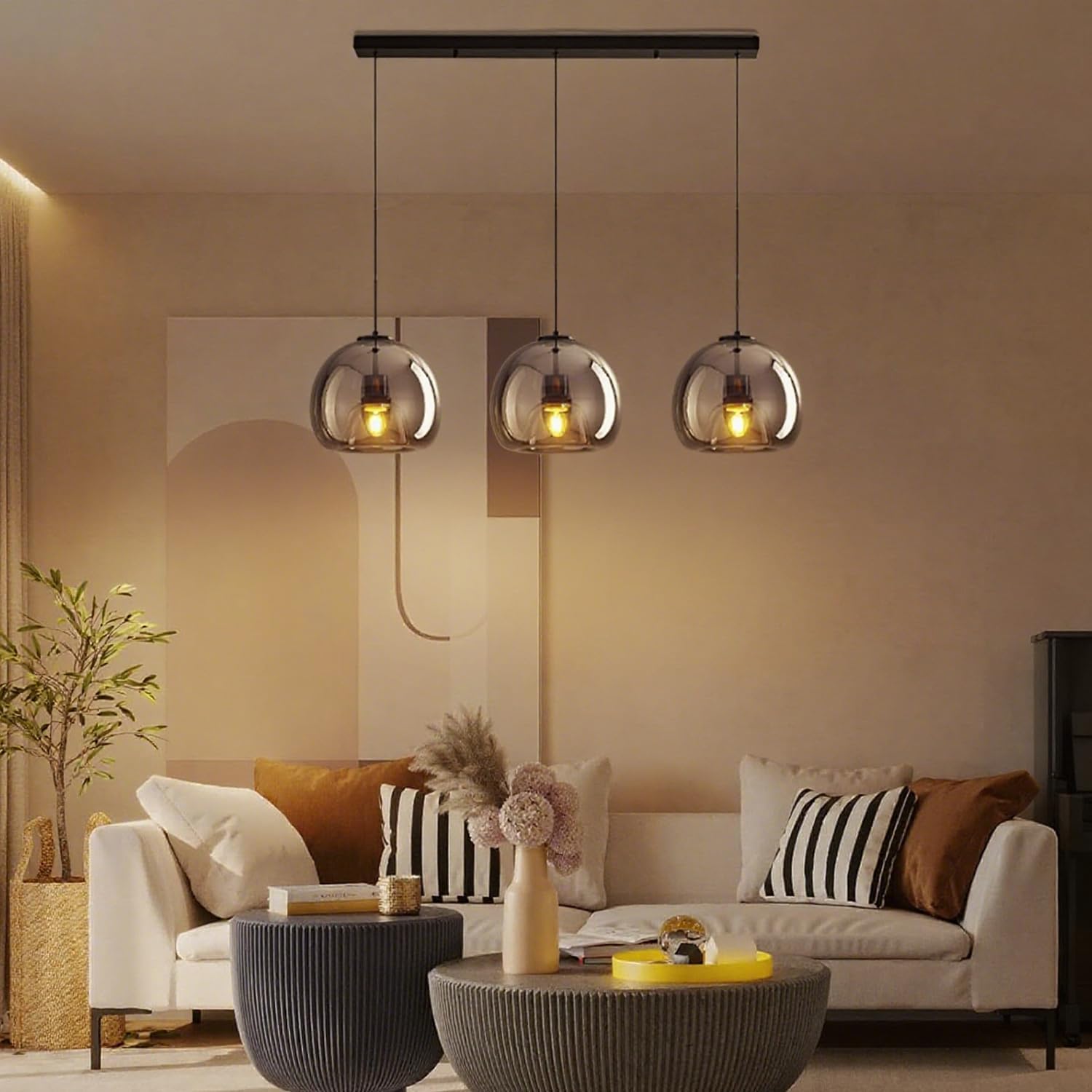 MIXL-Modern Globe Pendant Light 3-Lights Hanging Light with Smoke Gray Glass Lampshade, Height Adjustable Dining Room Lighting, Glass Pendant Lamp, Farmhouse Hanging Lamp for Kitchen Island