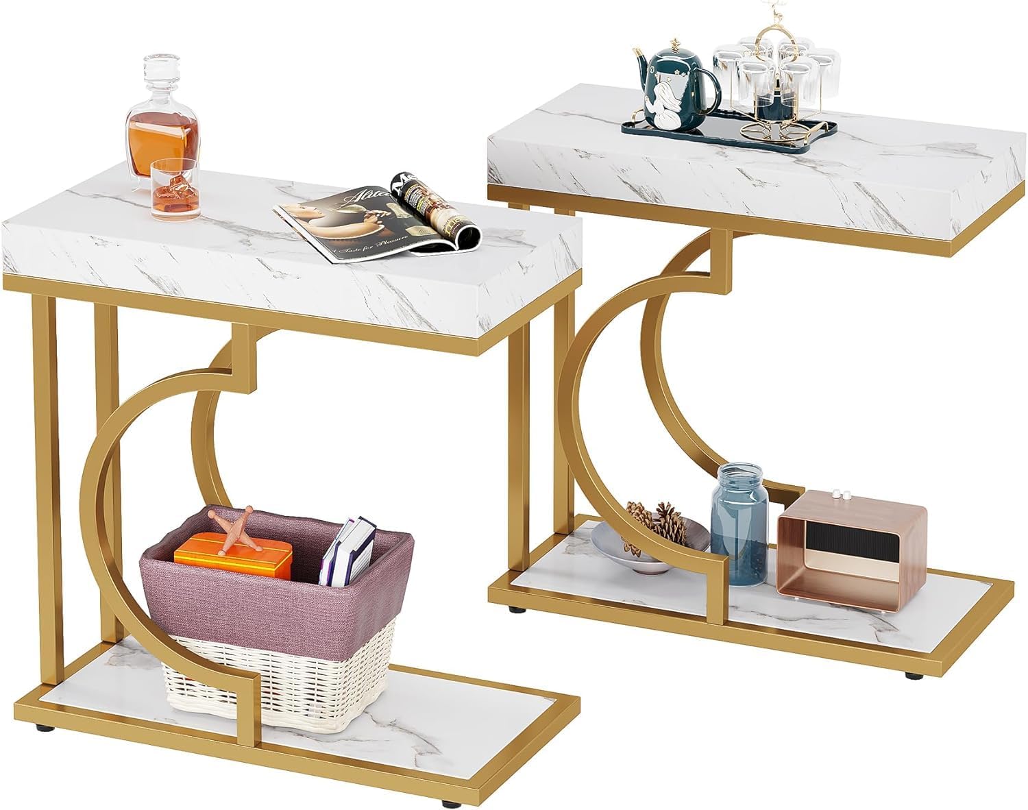 Tribesigns Narrow Side Table Set of 2, C Shaped End Table for Couch, White Gold Modern Bedside Tables with Metal Frame, Small Sofa Tables for Small Spaces, Living Rooms (2, White+Gold)