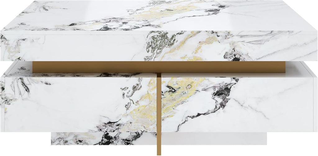 Merax 43.3 Inch Modern Large Square Coffee Table with Marble Textured Top, 4 Built-in Drawers Ample Storage and Floating Suspended Base, Modern Elegance White MDF Storage Center Table for Living Room