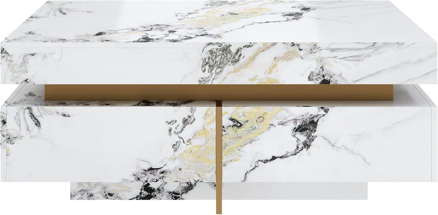 Merax 43.3 Inch Modern Large Square Coffee Table with Marble Textured Top, 4 Built-in Drawers Ample Storage and Floating Suspended Base, Modern Elegance White MDF Storage Center Table for Living Room