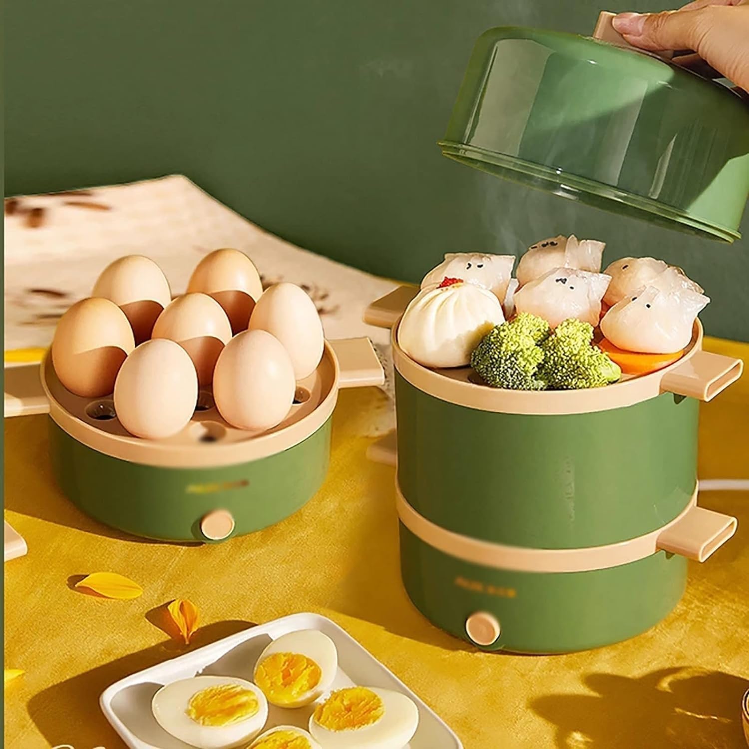 Food Steamer Electric Egg Boiler Steamer Breakfast Machine Automatic Power Off Anti-dry Egg Cooker Double Layer Multi-cookers High Capacity (Color : Green, Size : 25x15x12cm)
