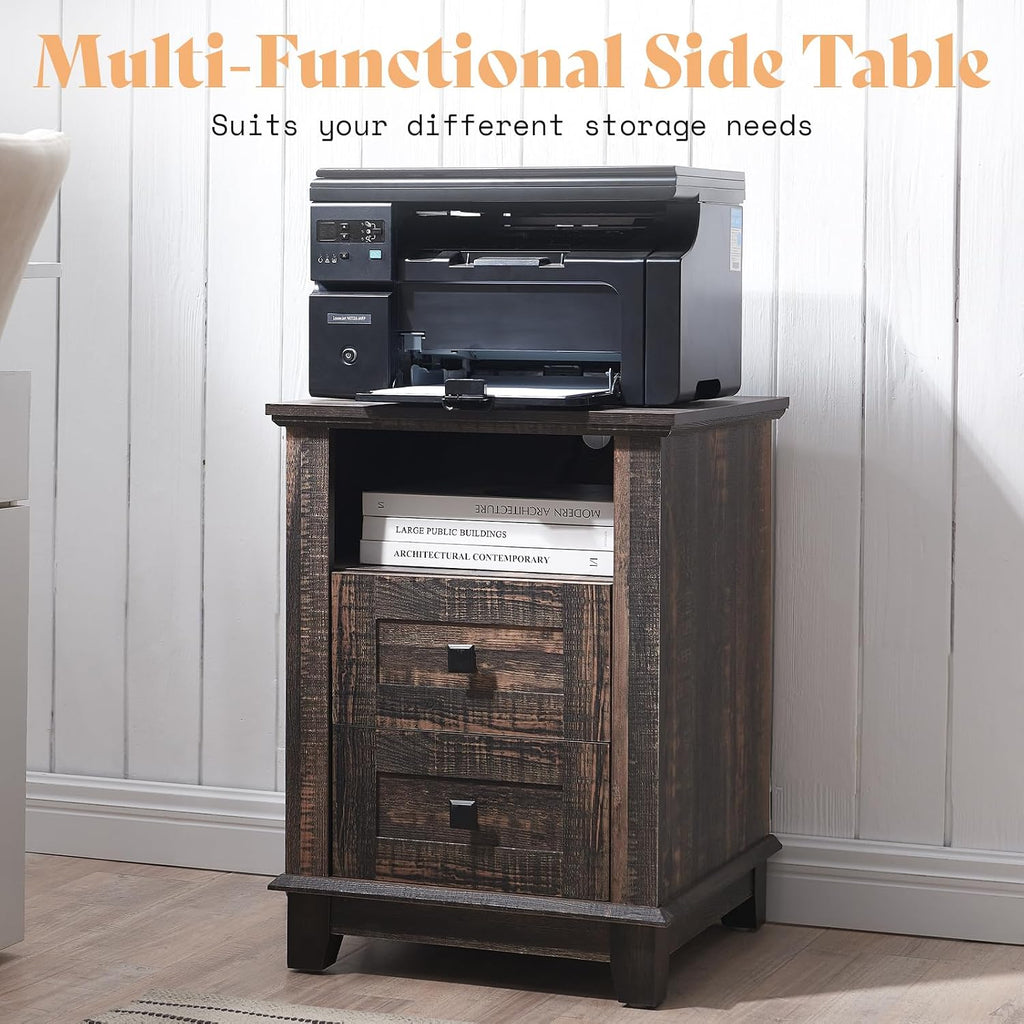 AMERLIFE 18' Farmhouse Nightstand Set of 2, End Table with Charging Station, with 2 Storage Drawers, Bedside Table with USB Ports, Rustic Oak Black