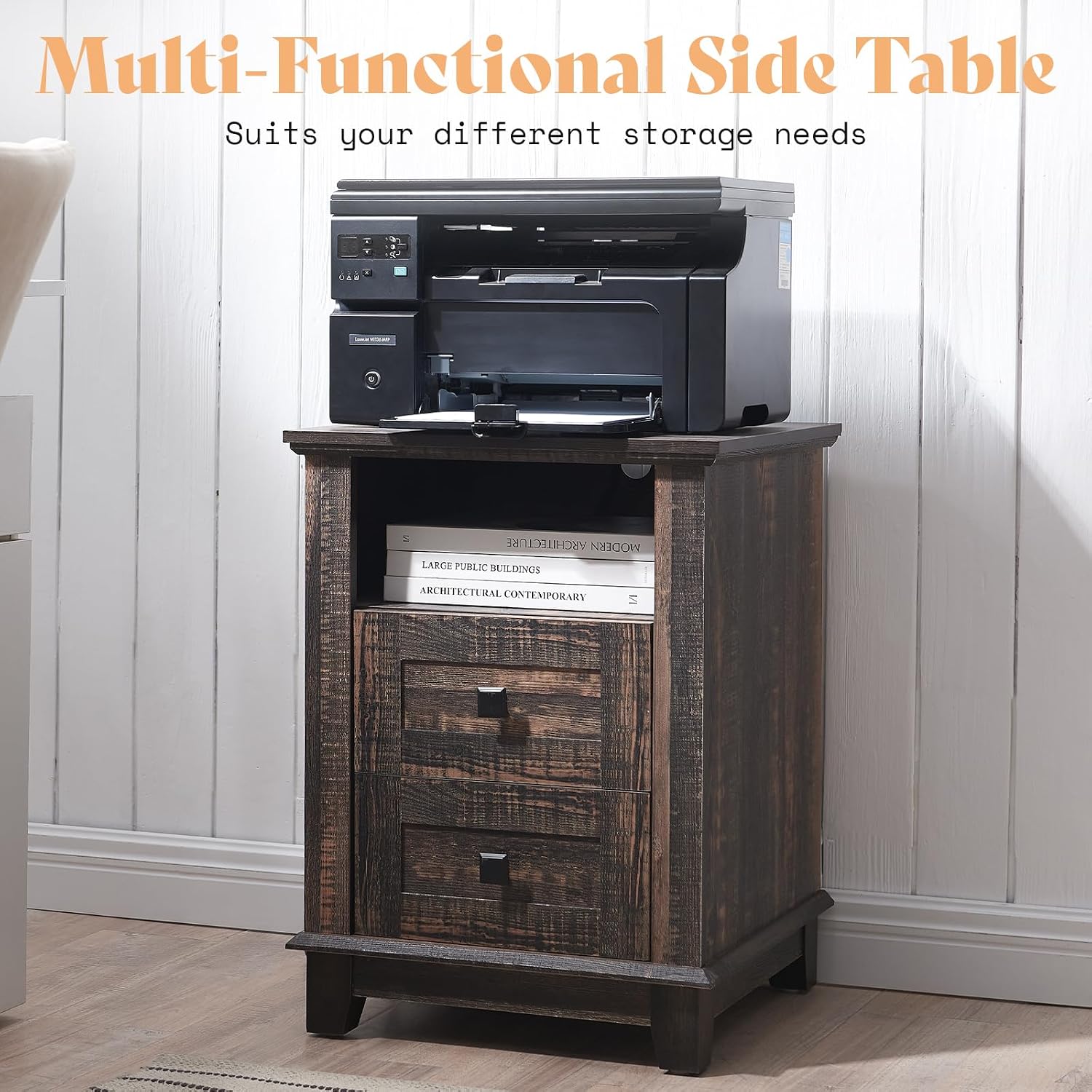 AMERLIFE 18' Farmhouse Nightstand Set of 2, End Table with Charging Station, with 2 Storage Drawers, Bedside Table with USB Ports, Rustic Oak Black