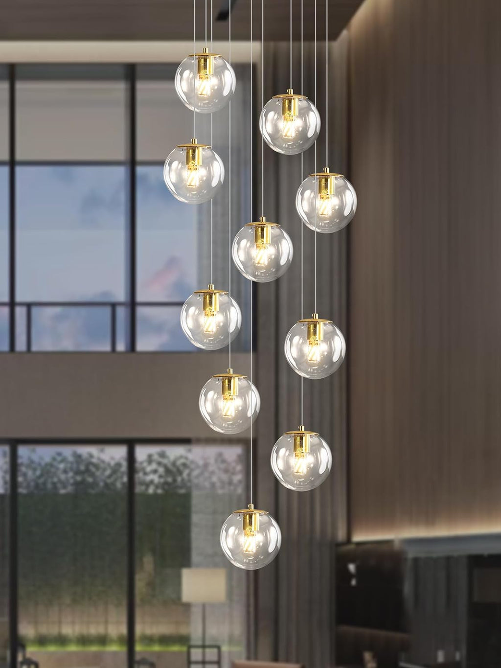 ykolupty 10-Light LED Staircase Modern Glass Globe Pendant Light Gold Chandeliers Large Chandeliers for High Ceilings, Entryway Lighting Fixture Villas and Stairs
