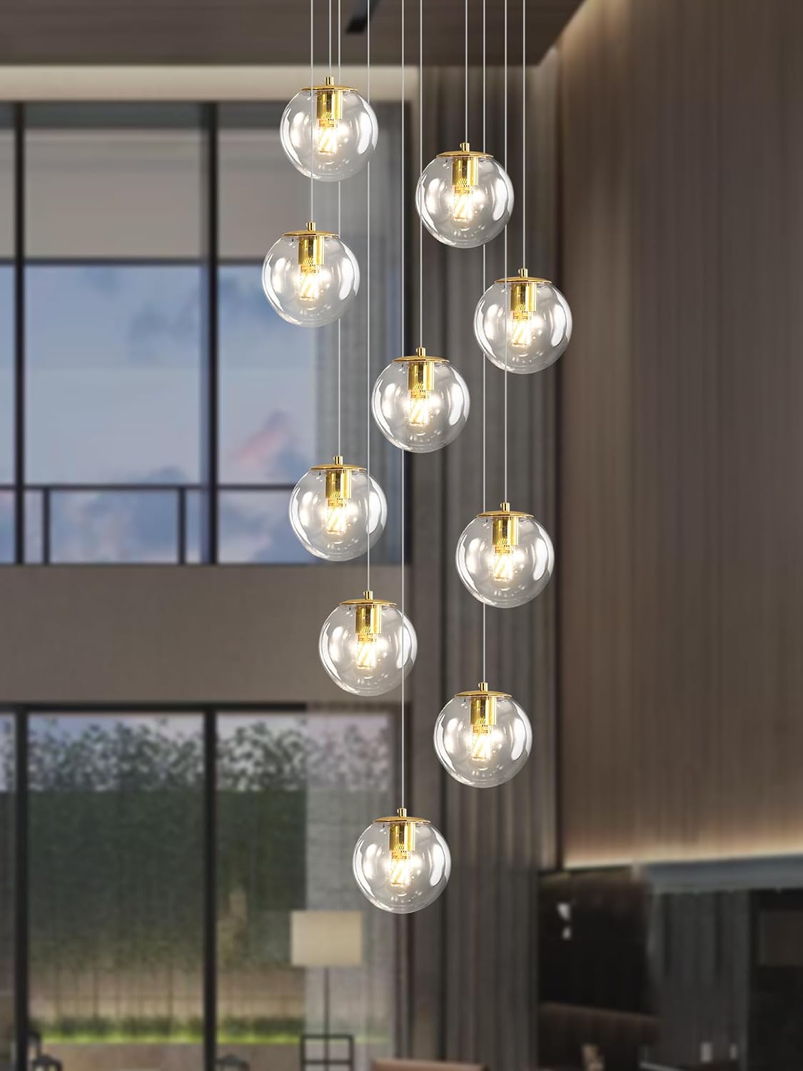 ykolupty 10-Light LED Staircase Modern Glass Globe Pendant Light Gold Chandeliers Large Chandeliers for High Ceilings, Entryway Lighting Fixture Villas and Stairs