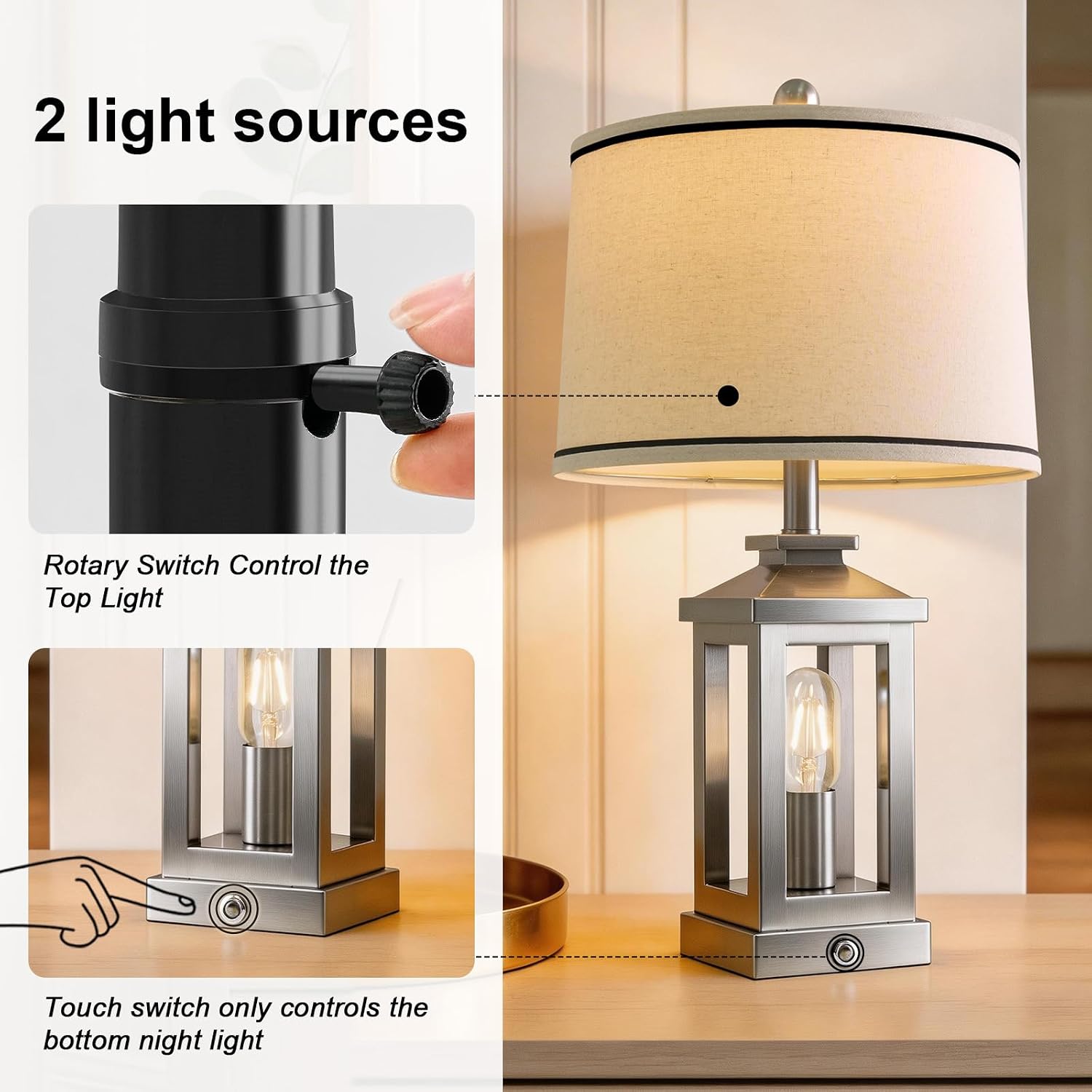 G-SAFAVA 24' Table Lamps for Living Room Bedroom Modern Metal Bedside Lamps Set of 2 Nightstand Lamp for Night Stands 3 Way Dimmable Touch Lamp with USB C+A Ports and 2 Light Sources, 4 Bulbs Includes